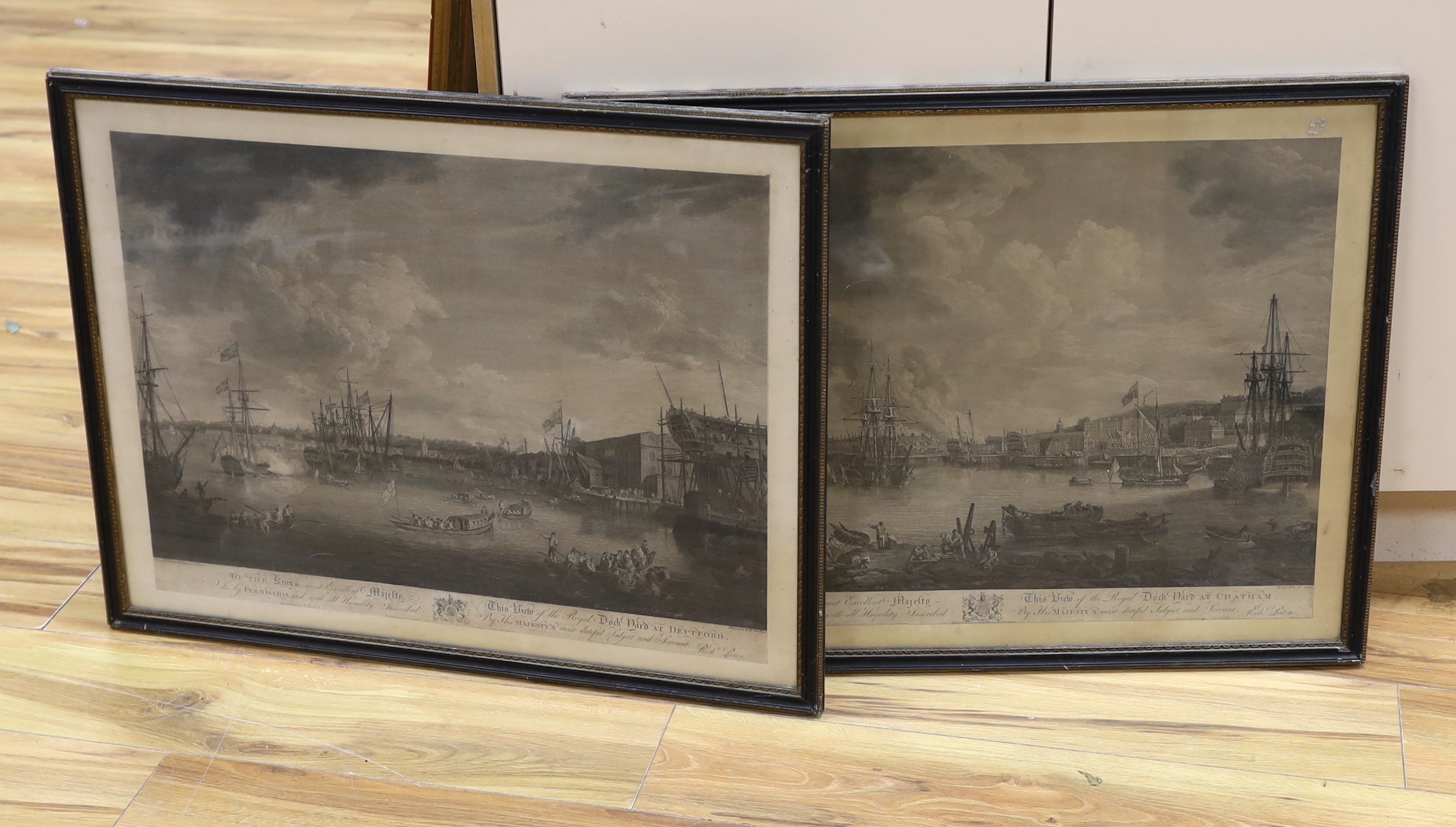 After Richard Paton (1717-1791) pair of engravings, 'A view of the Royal Dockyard at Deptford' and 'A view of the Royal Dockyard at Chatham', publ. July 1st 1793 by B.B. Evans, London and publ. February 14th 1775, London